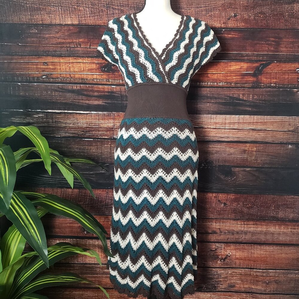 BCBGMAXAZRIA Crochet Midi Dress XS Boho Cotton V-Neck Lined